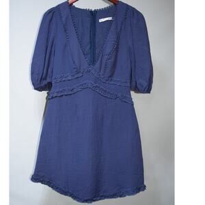 Saints + Secrets Small Blue Puff Sleeve Ruffle Trim V Neck Mini Dress
